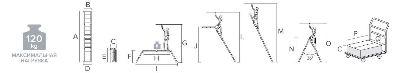 Schema: Aluminum multipurpose hinged ladder 400 mm width with platform NV 1332