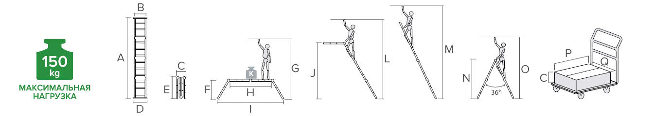 Schema: Multipurpose aluminum hinged rung ladder 400 mm width with platform NV2332