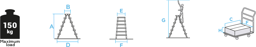 Schema: Steel double-sided stepladder with 130 mm aluminum steps and 350×260 mm platform NV1147