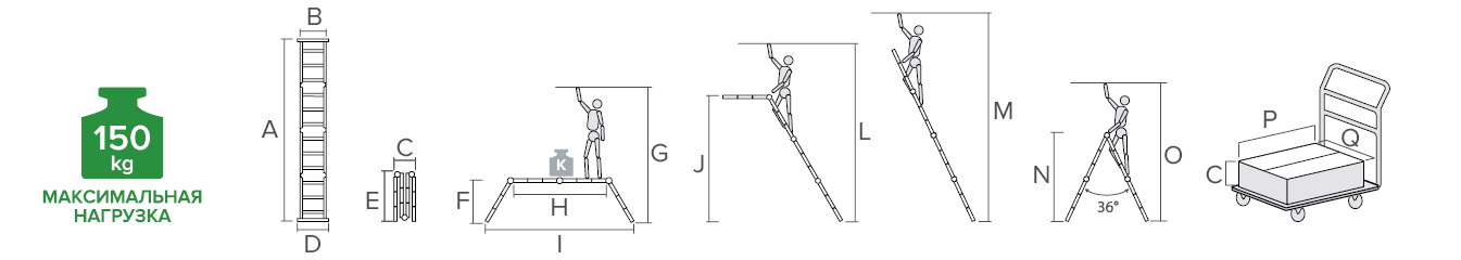 Schema: Multipurpose aluminum hinged rung ladder 340 mm width NV2320